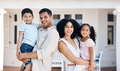Image showing New home, parents and portrait of children for house, property mortgage and real estate investment. Homeowner, happy family and mother, father and kids excited for moving day, relocation and rental