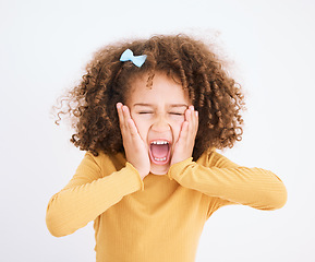 Image showing Child, scream and hands on face in studio for fear, bad news or announcement for horror or anxiety. Face of a young girl kid isolated on a white background and shouting while scared, terror or scared