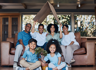 Image showing Happy family, children and grandparents for home insurance, investment and safety or growth with mom and dad. Kids on floor, interracial people and cardboard roof, house cover and security portrait