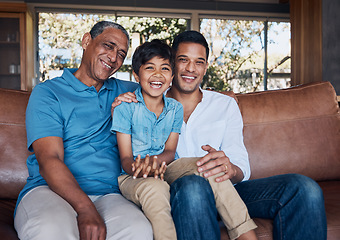 Image showing Portrait, laugh and happy family generation of child, father and grandfather relax, connect and smile for funny joke. Lounge couch, comedy humour and sitting kid, dad and grandpa bond in Brazil home
