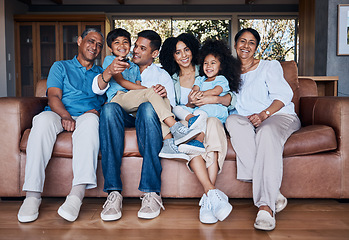 Image showing Portrait, watching tv and relax with big family on sofa for streaming, movie or smile. Love, generations and grandparents with parents and children in living room at home for subscription and embrace