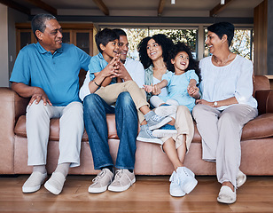 Image showing Smile, funny and relax with big family on sofa for happy, bonding and peace. Love, generations and grandparents with parents and children in living room at home for vacation, cuddle and embrace