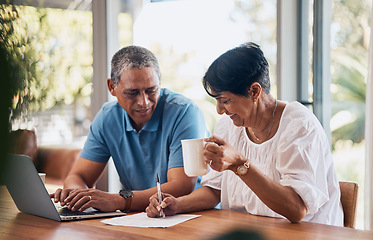 Image showing Senior couple, documents and planning for home, investment or budget, retirement or pension on laptop. Elderly woman and man signature on paper for asset management, loan agreement or life insurance