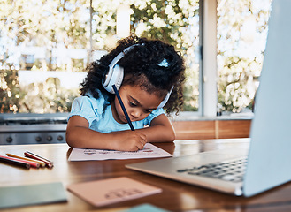 Image showing Online learning, headphones and child writing assessment at desk for creative education and development. Audio tech, study and kid with laptop for elearning, virtual help and reading growth at home