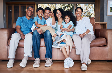 Image showing Portrait, watching tv and smile with big family on sofa for streaming, movie or relax. Love, generations and grandparents with parents and children in living room at home for subscription and embrace