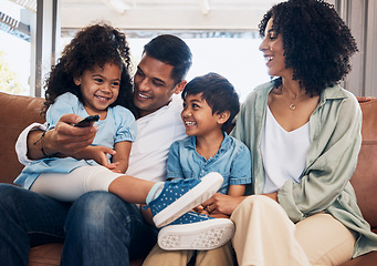 Image showing Love, happy family and remote control for television show, cartoon or movie in living room on sofa for kids entertainment. Bond, parents and children on couch watching tv for series and film