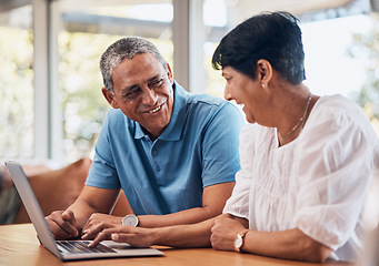 Image showing Senior couple, home and laptop for planning finance, retirement funding and investment or asset management. Elderly people, man and woman typing on computer for information or pension FAQ on website