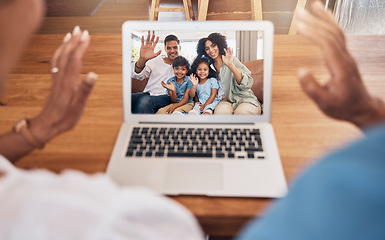 Image showing Happy couple, laptop and video call with family in communication, networking or meeting at home. Hands and wave in hello, greeting or webinar for chat with grandparents on computer at the house