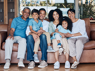 Image showing Happy, portrait and relax with big family on sofa for smile, bonding and peace. Love, generations and grandparents with parents and children in living room at home for vacation, cuddle and embrace