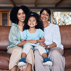 Image showing Love, portrait and happy family generation of child, mother and grandmother relax, connect and smile on living room sofa. Happiness, wellness and sitting kid, mom and grandma bonding in Mexican home