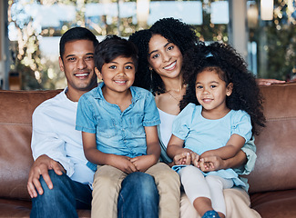 Image showing Family, parents and children, happiness and portrait, bonding at home, love and trust with care. Smile, mother and father with kids, relax on couch and positivity with childhood and parenting