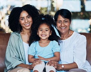 Image showing Grandma, mother and daughter on couch, portrait and smile with care, love and bonding in family house. Mom, grandmother and kid with generations, embrace and happy for memory, living room and home