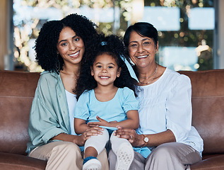 Image showing Grandma, mom and girl on sofa, portrait and smile with care, love and bonding in family house. Grandmother, mother and daughter with generations, embrace and happy for memory, living room and home