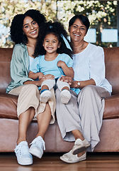 Image showing Grandma, mother and daughter on sofa, portrait and smile with care, love and bonding in family house. Mom, grandmother and child with generations, embrace and happy for memory, living room and house