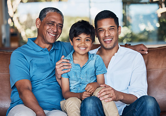 Image showing Grandfather, dad and son on sofa, portrait and smile with care, love and bonding in family home. Father, senior man and child with generations, embrace and happy for memory, living room and house