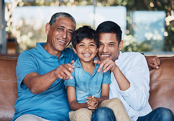 Image showing Grandpa, father and boy on sofa, portrait and smile with care, love and bonding in family home. Dad, senior man and male child with generations, embrace and happy for memory, living room and pointing