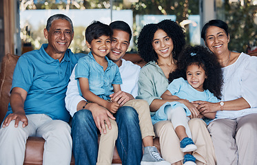 Image showing Smile, portrait and relax with big family on sofa for happy, bonding and peace. Love, generations and grandparents with parents and children in living room at home for vacation, cuddle and embrace