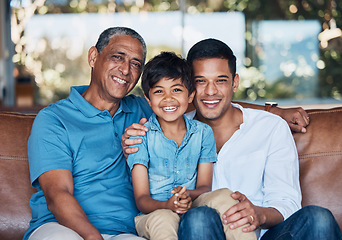 Image showing Family portrait, generation and happy child, father and grandfather relax, break and smile for weekend at home. Lounge couch, support care and sitting kid, dad and grandpa bonding in Mexico apartment