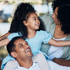 Image showing Smile, love and family child, parents and having fun, connect and living room people care for young girl. Happiness, shoulder carry and excited kid, mother, and father playing, happy and bond at home