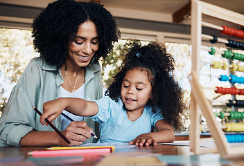 Image showing Happy, writing and a mother with a child for homework, education support and together for teaching. Smile, family and a young mom with a girl kid for drawing, school project or studying in a house