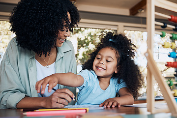 Image showing Happy, learning and a mother with a child for homework, education support and together for teaching. Smile, family and a young mom with a girl kid for writing, project or studying in a house