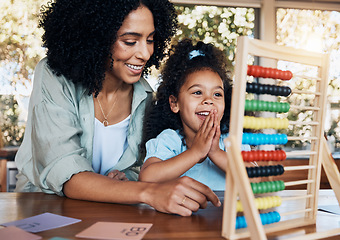 Image showing Learning abacus, mother and kid excited for mathematics study, home school project or child development success. Education knowledge, love or proud woman, mama or tutor help, support or teaching girl