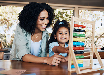 Image showing Abacus, education and happy family mother, child and studying math, counting or youth development project. Distance learning, home school and mom help, support or teaching kid, young girl or daughter