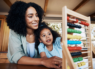 Image showing Abacus, mother and child learning, count and studying with math equipment for education, student development or project. Love, home school tutor and helping mama smile, support and teaching kid girl