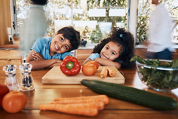 Image showing Cooking, health and portrait of children in kitchen for learning, food and nutrition. Wellness, support and vegetable with family and helping at home for meal prep, support and dinner together