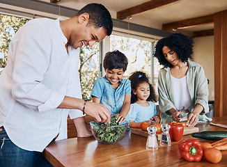 Image showing Cooking, health and help with family in kitchen for learning, food and nutrition. Wellness, teaching and vegetable with parents and children at home for meal prep, support and dinner together