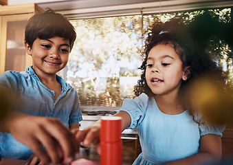 Image showing Girl, boy and kids learning with building blocks in home for education, development and playing puzzle games for growth. Children, play and montessori toys for educational game and creative teaching