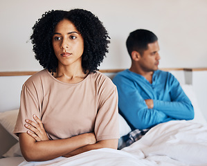 Image showing Frustrated couple, fight and conflict in breakup, argument or disagreement on bed from dispute at home. Upset woman and man in divorce, cheating affair or toxic relationship in bedroom at the house