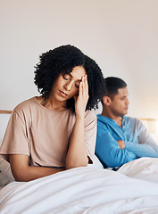 Image showing Frustrated couple, fight and headache in divorce, argument or disagreement from conflict or dispute at home. Upset woman and man in breakup, cheating affair or toxic relationship in bedroom at house