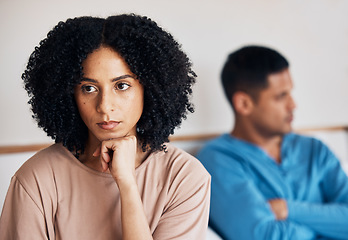 Image showing Frustrated couple, fight and conflict in divorce, argument or disagreement on bed from dispute at home. Upset woman and man in breakup, cheating affair or toxic relationship in bedroom at the house