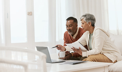 Image showing Mature couple, laptop and budget with documents in home for financial planning, banking and account administration. Man, woman and review finance bills, savings and investment on computer in lounge