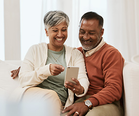 Image showing Phone, relax and mature couple on a home sofa for search, internet and social media. Happy man and woman laugh together on couch with a smartphone for funny meme, online communication app or website