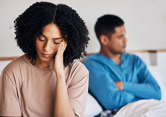 Image showing Frustrated couple, fight and headache in conflict, divorce or argument from disagreement or dispute at home. Upset woman and man in breakup, cheating affair or toxic relationship in bedroom at house