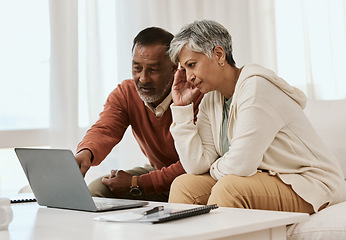 Image showing Frustrated senior couple, laptop and financial crisis in debt, mistake or discussion on expenses or bills at home. Mature man and woman in finance, struggle or stress in budget planning on computer