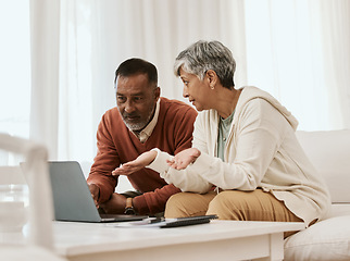 Image showing Senior couple, tax documents and laptop in home for budget planning, audit or compliance for investment. Mature man, woman and paperwork on pc, financial strategy or pension for wealth in retirement