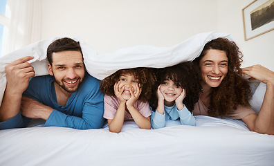 Image showing Bedroom portrait, kids and parents happiness, bond or relax morning wellness, love and home comfort. Blanket, face or family mom, dad and interracial children happy, support or rest on bed mattress