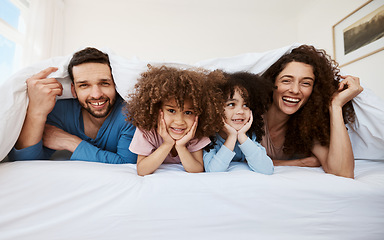 Image showing Bedroom portrait, happy family kids and parents smile, bond and relax wellness, home comfort or enjoy morning together. Youth, face and interracial children, mother and father rest on bed mattress