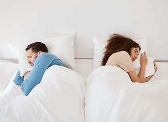 Image showing Divorce, ignore and angry couple in bed after fight, argument or dispute in their home from above. Marriage, stress and top view of frustrated man and woman in a bedroom with crisis, fail or conflict