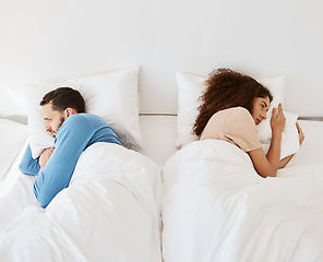 Image showing Divorce, angry and couple ignore in bed after fight, argument or dispute in their home from above. Marriage, stress and top view of frustrated man and woman in a bedroom with crisis, fail or conflict