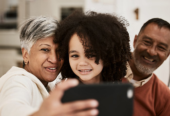 Image showing Selfie, grandparents and face of happy family child, grandma and grandfather happiness, care and babysitting. Photography, home smile and senior people post memory photo of young kid to social media