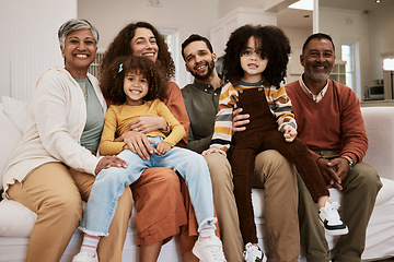 Image showing Happiness, home portrait and big family children, parents and grandparents smile, relax and enjoy quality time together. Happy reunion, support trust and care for young kids on living room couch