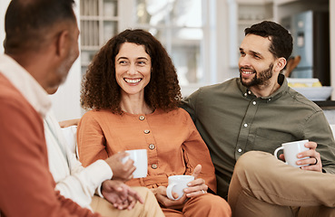 Image showing Couple, senior parents and coffee in home, relax and happy with conversation, love and bonding in living room. Men, women and chat with matcha, espresso or tea for care, lounge couch and family house