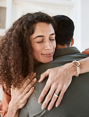 Image showing Happy, trust and a couple hugging in their home for support, care or romance in marriage together. Peace, love and security with a woman embracing her husband in their house for relationship bonding