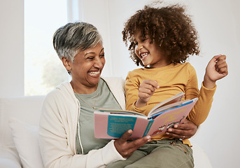 Image showing Happy family, grandmother and child reading book, laughing and bond with senior woman, funny story or literature joke. Home education, comedy and grandma storytelling fairytale humour to silly kid