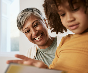 Image showing Happy family face, grandmother and child reading book, homework and bonding with babysitting senior woman. Knowledge, happiness and grandma storytelling, care and support youth kid with home learning