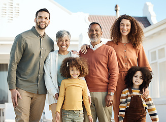 Image showing Parents, children and grandparents in portrait, backyard or smile together for love, bonding or outdoor in sunshine. Mother, dad and kids in interracial big family, happy or excited at holiday house